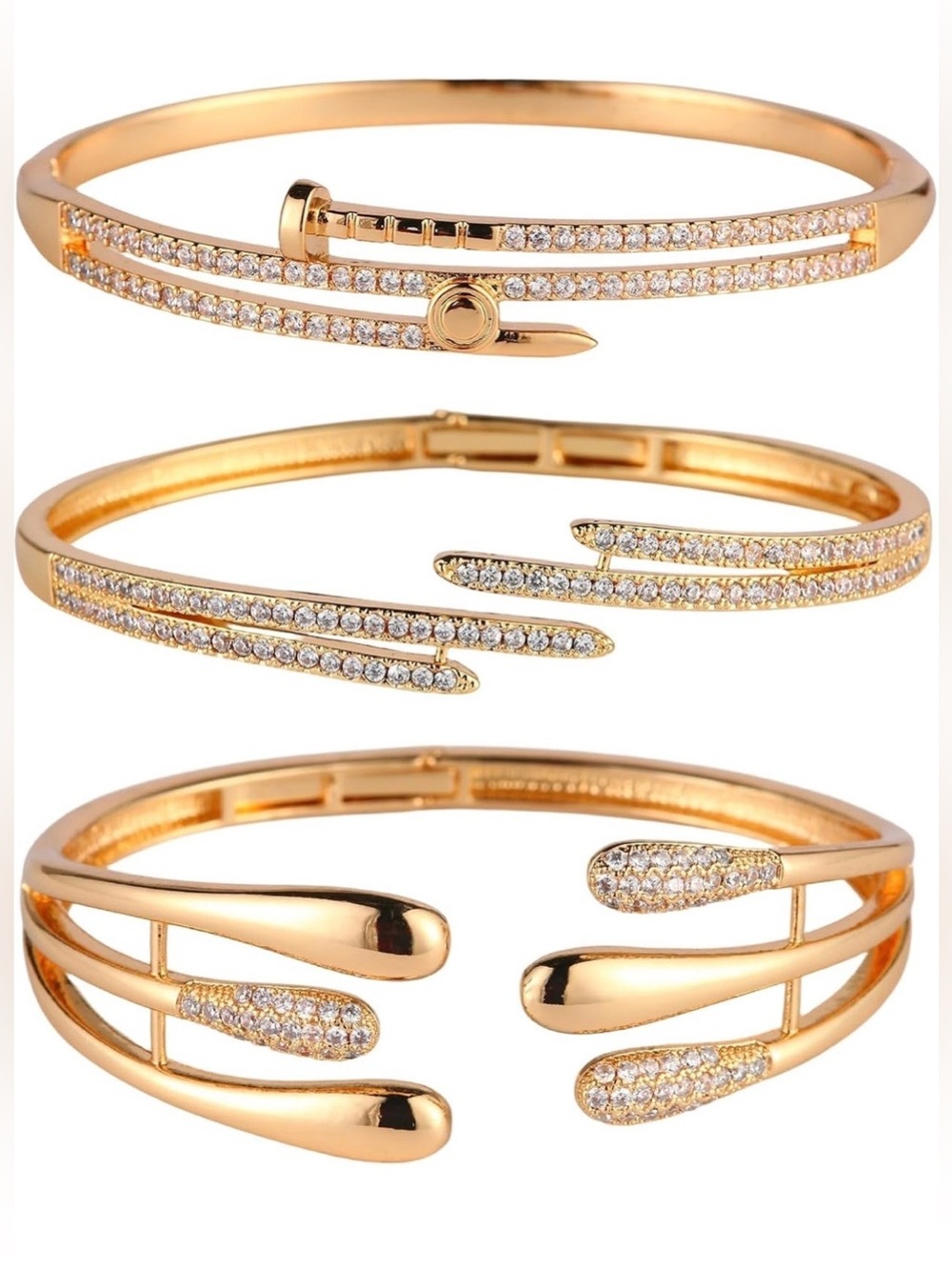 Anthropologie Gold Crystal Nail-Inspired Bangle Bracelet